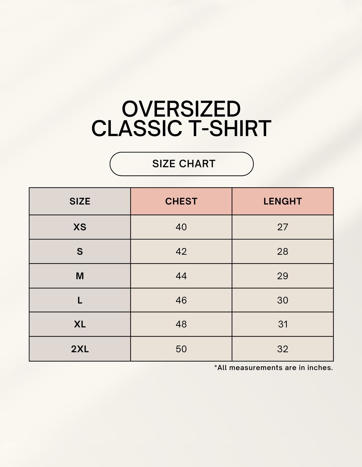 TeeTadka oversized classic t-shirt size chart